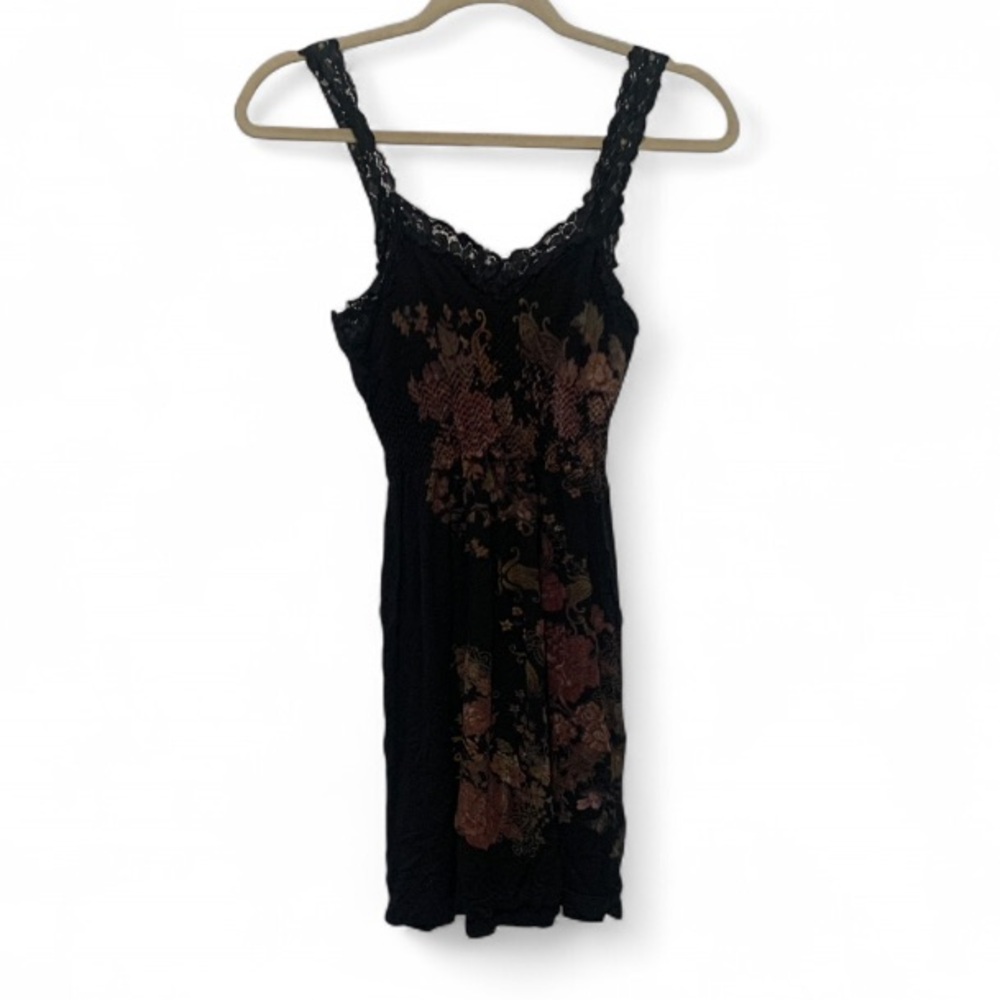 M Rena Black Floral Lace Trim Seamless Mini Dress